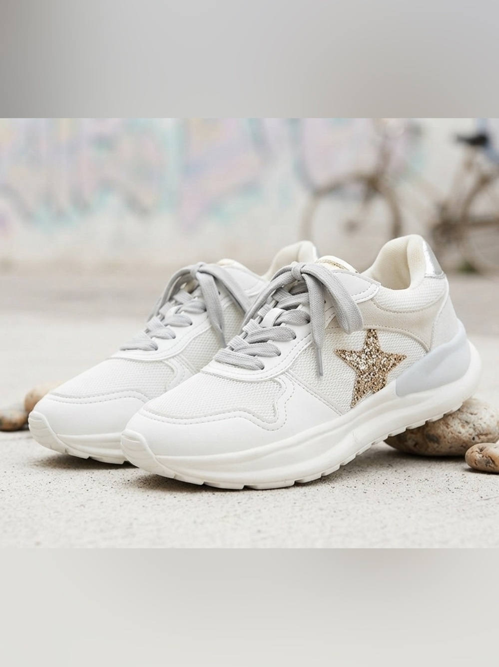 Women's White Chunky Sneakers with Gold Star Accent